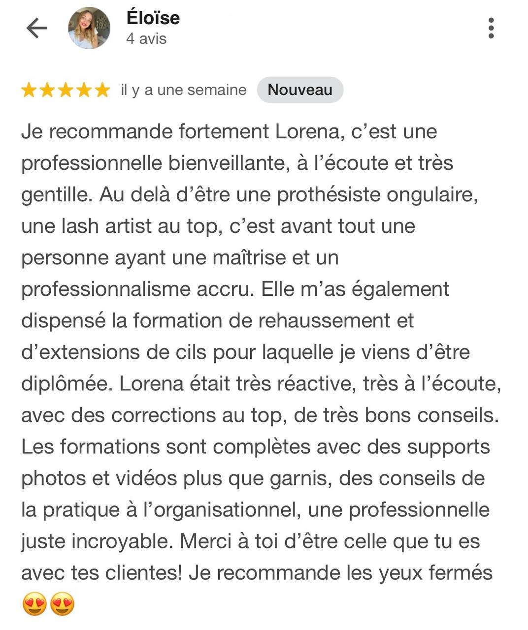 Avis cliente sur la formation Beauty by Lorena
