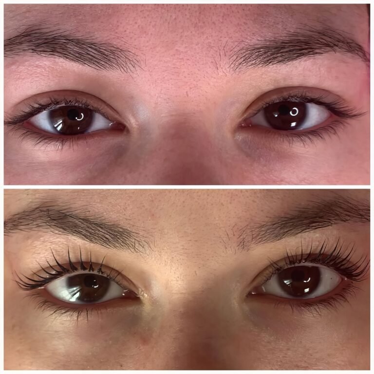 Avant et après un rehaussement de cils avec teinture réalisé par Lorena