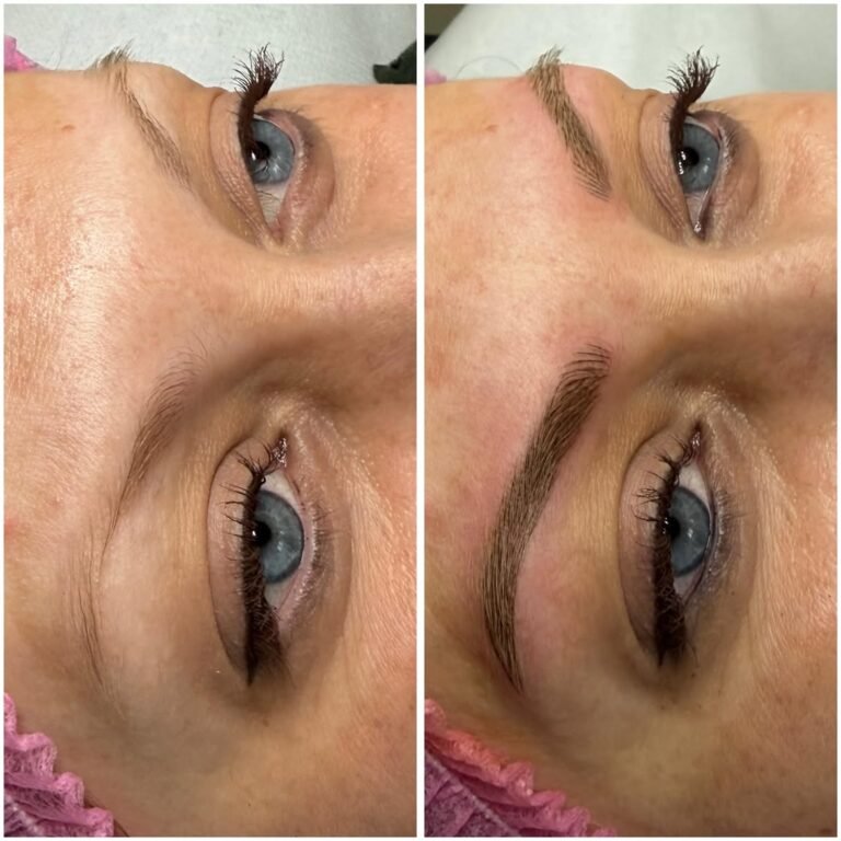 Avant et après d'une restructuration des sourcils avec une technique mixte réalisée à Ronchamp